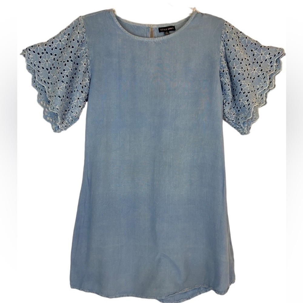 Eyelet Sleeve Pale Denim Chambray Blue Mini Dress by Style Envy Fairy Feminine